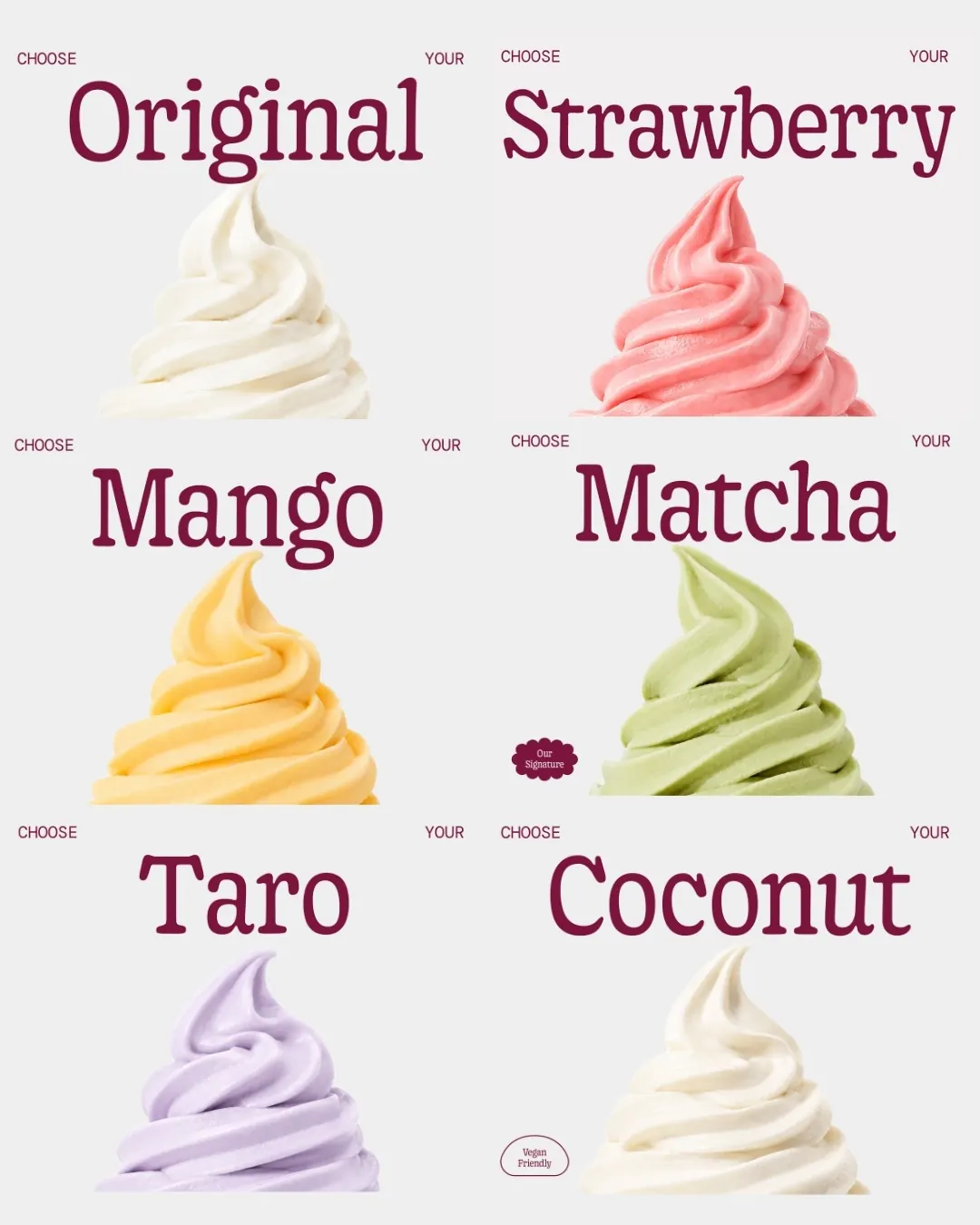 Yovie frozen yogurt flavours - original, strawberry, mango, matcha, taro and coconut